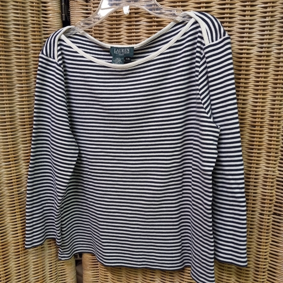 LAUREN Ralph Lauren Sweater Blouse Shirt Black White Strips PM/36 Petite - Picture 1 of 7
